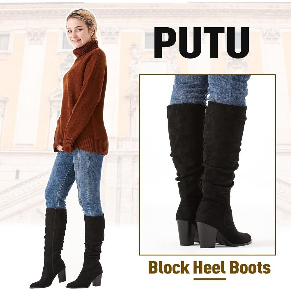 〽️Women's Black Putu Pointed Toe Knee High Faux Suede Slouch Chunky Heel Boots - Picture 4 of 6